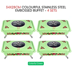 4 Sets Green Straight 34x28cm Colorful Stainless Steel Embossed Buffet Food Pan Catering Food Serving Tray