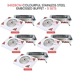 5 Sets White Straight 34x28cm Colorful Stainless Steel Embossed Buffet Food Pan Catering Food Serving Tray