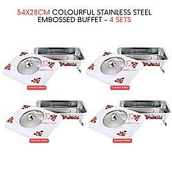 4 Sets White Straight 34x28cm Colorful Stainless Steel Embossed Buffet Food Pan Catering Food Serving Tray