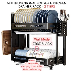 2 Tiers Wall Mounted Type Foldable Dishes Drainer Black Coating Multifunctional Dish Rack Kitchen Shelve Rack