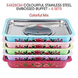 6 Sets Mix Color Straight 34x28cm Colorful Stainless Steel Embossed Buffet Food Pan Catering Food Serving Tray