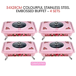 4 Sets Pink Straight 34x28cm Colorful Stainless Steel Embossed Buffet Food Pan Catering Food Serving Tray