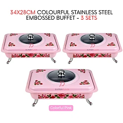 3 Sets Pink Straight 34x28cm Colorful Stainless Steel Embossed Buffet Food Pan Catering Food Serving Tray