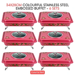 6 Sets Red Straight 34x28cm Colorful Stainless Steel Embossed Buffet Food Pan Catering Food Serving Tray