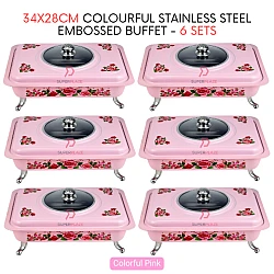 6 Sets Pink Straight 34x28cm Colorful Stainless Steel Embossed Buffet Food Pan Catering Food Serving Tray