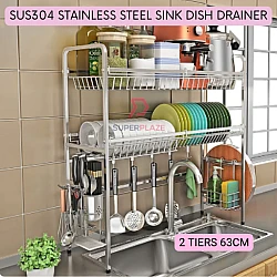 2 Tiers 63cm SUS304 Stainless Steel Dishes Drainer Sink Dish Rack Multipurpose Kitchen Rack