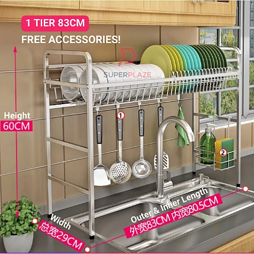 1 Tier 83cm SUS304 Stainless Steel Dishes Drainer Sink Dish Rack Multipurpose Kitchen Rack