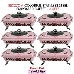 6 Sets Pink Curve 35x27cm Colorful Stainless Steel Embossed Buffet Food Pan Catering Food Serving Set Tray