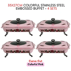 4 Sets Pink Curve 35x27cm Colorful Stainless Steel Embossed Buffet Food Pan Catering Food Serving Set Tray