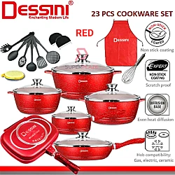 Red Color 23 Pcs Dessini Cookware Set Italy Granite Aluminium Non Stick Casserole Pot Wheat Rice Stone Pot Bowl Deep