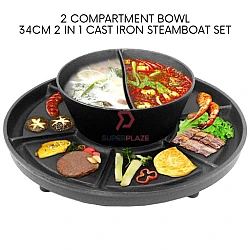2 Compartment Bowl 2in1 Cast Iron Korean BBQ Pan Grill Teppanyaki Teriyaki Shabu Steamboat Hot Soup Pot