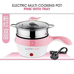 Pink With Tray 18cm Mini Multifunction Stainless Steel Electric Cooker Frying Pan Pot Periuk Serbaguna