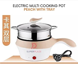 Peach With Tray 18cm Mini Multifunction Stainless Steel Electric Cooker Frying Pan Pot Periuk Serbaguna
