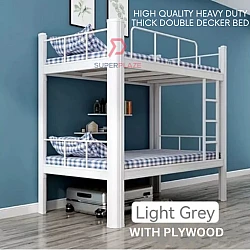 Light Grey With Plywood High Quality Heavy Duty Thick Double Decker Bed Besi Katil Tidur 2 Tingkat Katil Asrama