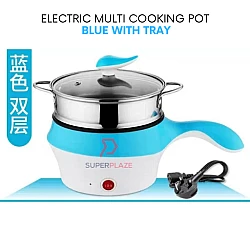 Blue With Tray 18cm Mini Multifunction Stainless Steel Electric Cooker Frying Pan Pot Periuk Serbaguna