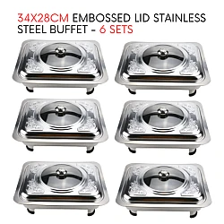 6 Sets 34x28cm Curve Cut Embossed Lid Stainless Steel Buffet Set Catering Serving Tray Food Pan