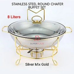 Silver Mix Gold 8 Liters Stainless Steel Round Chafer Chafing Dish Buffet Set Kenduri Set Berkas Lauk Catering Set