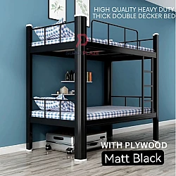 Matt Black With Plywood High Quality Heavy Duty Thick Double Decker Bed Besi Katil Tidur 2 Tingkat Hostel Bed Katil Asrama