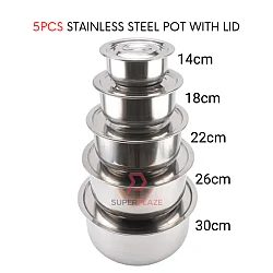 5 Pcs Stainless Steel Pot With Lid Periuk Bertutup Steel Indian Pot Periuk Set Degchi Pot