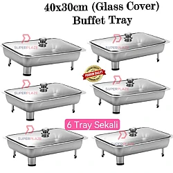 6 Sets 40x30cm Glass Lid Stainless Steel Buffet Set Catering Serving Tray Food Pan Warmer