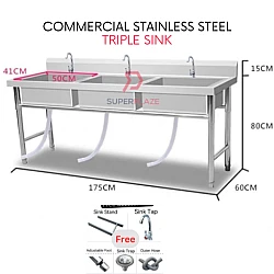 Triple Sink Commercial Stainless Steel Deep Bowl Sink Set With Stand Sinki Berkaki Kommercial Serbaguna