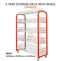 Orange 3V 5 Tiers Bakery Rack Powder Coated Multi Rack Kitchen Dishes Rack Clothes Rack With Wheel