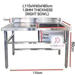 Right Bowl L110xW60xH80cm Stainless Steel Single Bowl Sink With Drainboard