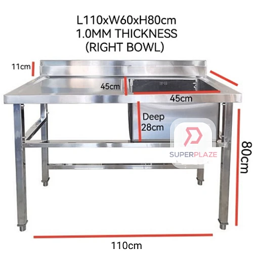 Right Bowl L110xW60xH80cm Stainless Steel Single Bowl Sink With Drainboard