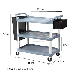 Large Grey Plus Bins 3 Tiers Plastic Multifunctional Cart Food Court Trolley Restaurant Cleaning Collector Utility Cart