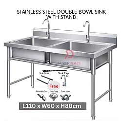 L110xW60xH80cm Commercial Stainless Steel Double Deep Bowl Sink Set With Stand