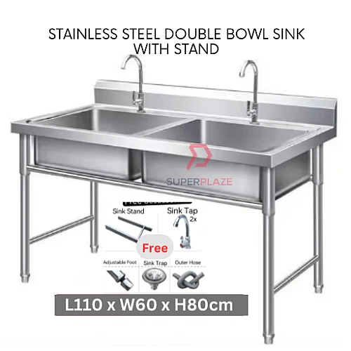 L110xW60xH80cm Commercial Stainless Steel Double Deep Bowl Sink Set With Stand