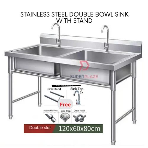 L120xW60xH80cm Commercial Stainless Steel Double Deep Bowl Sink Set With Stand