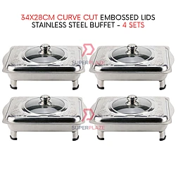4 Sets 34x28cm Curve Cut Embossed Lids Stainless Steel Buffet Set Catering Serving Tray Food Pan