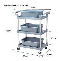 Medium Grey Plus Trays 3 Tiers Plastic Multifunctional Food Court Trolley Restaurant Cleaning Collector Utility Cart