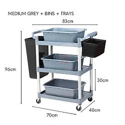 Medium Grey Plus Bins Plus Trays 3 Tiers Plastic Multifunctional Food Trolley Cleaning Collector Utility Cart
