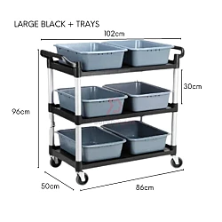 Large Black Plus Trays 3 Tiers Plastic Multifunctional Food Court Trolley Restaurant Cleaning Collector Utility Cart
