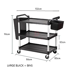 Large Black Plus Bins 3 Tiers Plastic Multifunctional Cart Food Court Trolley Restaurant Cleaning Collector Utility Cart