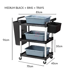 Medium Black Plus Bins Plus Trays 3 Tiers Plastic Multifunctional Food Trolley Cleaning Collector Utility Cart
