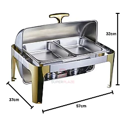 Gold 2P No Visual Stainless Steel Full Size Roll Top Chafing Dish Buffet Set Rectangle Serving Dish