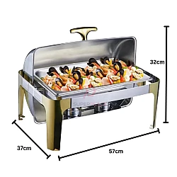 Gold 1P No Visual Stainless Steel Full Size Roll Top Chafing Dish Buffet Set Rectangle Serving Dish