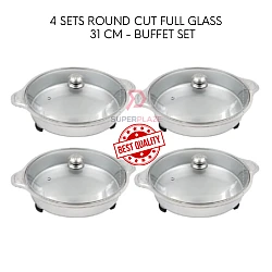 4 Sets 31cm Full Glass Lids Stainless Steel Buffet Set Catering Serving Tray Food Pan