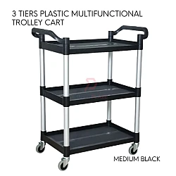 Medium Black Color 3 Tiers Plastic Multifunctional Cart Food Court Trolley Restaurant Cleaning Collector Utility Cart
