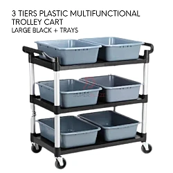 Large Black Plus Trays 3 Tiers Plastic Multifunctional Food Court Trolley Restaurant Cleaning Collector Utility Cart
