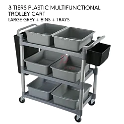 Large Grey Plus Bins Plus Trays 3 Tiers Plastic Multifunctional Food Trolley Cleaning Collector Utility Cart