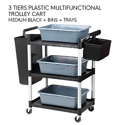 Medium Black Plus Bins Plus Trays 3 Tiers Plastic Multifunctional Food Trolley Cleaning Collector Utility Cart