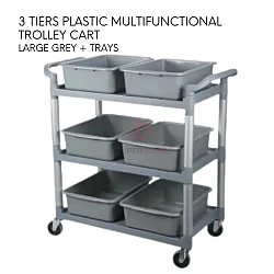Large Grey Plus Trays 3 Tiers Plastic Multifunctional Cart Food Court Trolley Restaurant Cleaning Collector Utility Cart