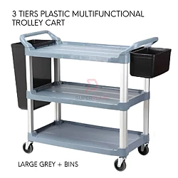 Large Grey Plus Bins 3 Tiers Plastic Multifunctional Cart Food Court Trolley Restaurant Cleaning Collector Utility Cart