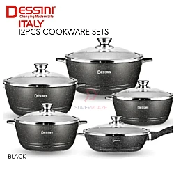 Black Color 12pcs Dessini Italy Cookware Sets Granite Aluminium Non Stick Grill Fry Pan Casserole Pot Bowl