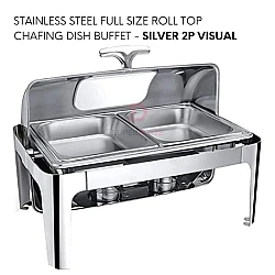 Silver 2P Visual Stainless Steel Full Size Roll Top Chafing Dish Buffet Set Rectangle Serving Dish