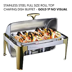 Gold 1P No Visual Stainless Steel Full Size Roll Top Chafing Dish Buffet Set Rectangle Serving Dish